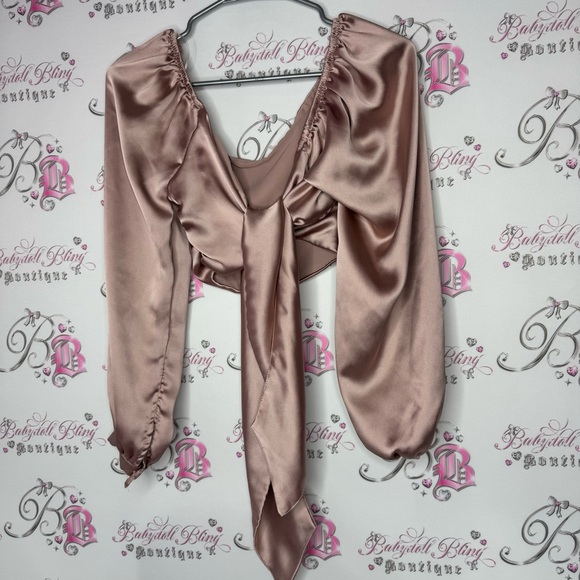 Dynamite crop top tie up ribbon π bow back shiny luxe silky rose gold puff cuff - Picture 10 of 10